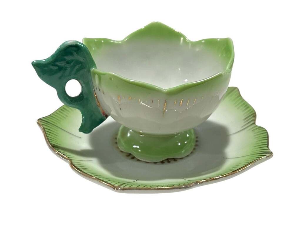Vintage Merit Made in Occupied Japan Cup and Saucer Flower Shaped Green